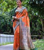 Orange tussar silk saree with madhubani print & warli pallu | kalamkari style traditional saree with blouse