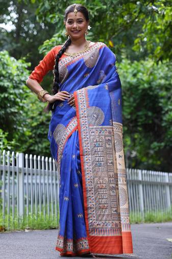 Navy blue tussar silk saree with madhubani print & warli pallu | kalamkari style traditional saree with blouse