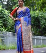 Navy blue tussar silk saree with madhubani print & warli pallu | kalamkari style traditional saree with blouse