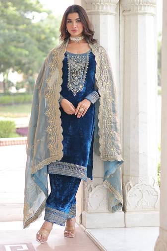 TEAL COLOR Velvet Sequins & Zari Embroidered Readymade Top   Pant   Dupatta Set