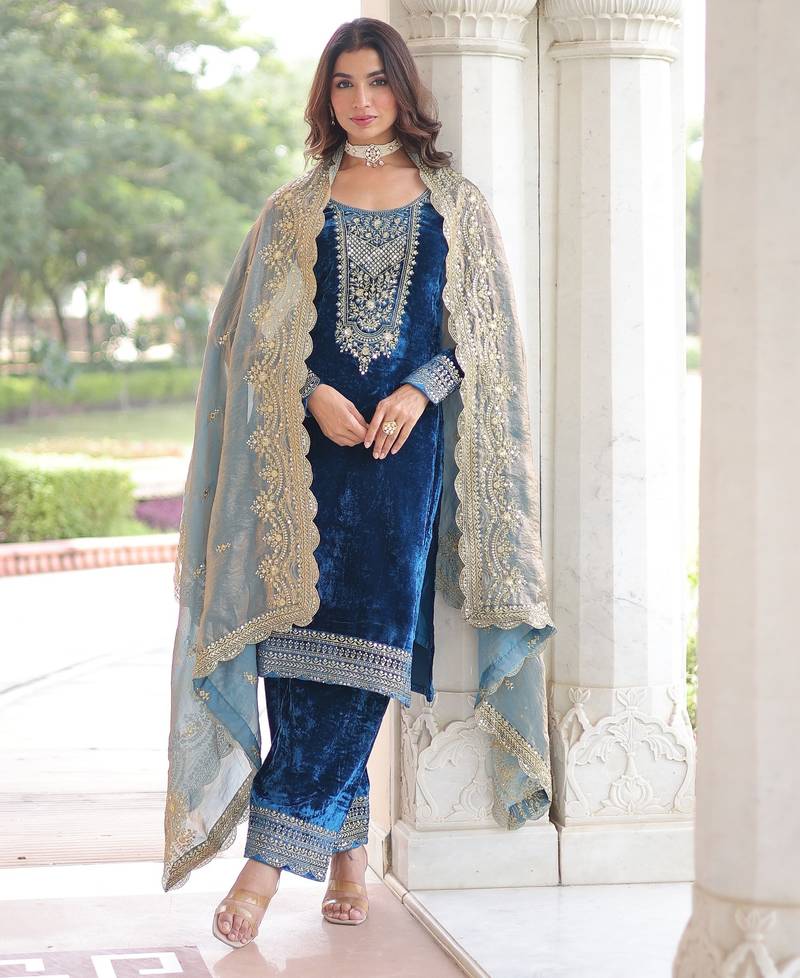 TEAL COLOR Velvet Sequins & Zari Embroidered Readymade Top–Pant–Dupatta Set