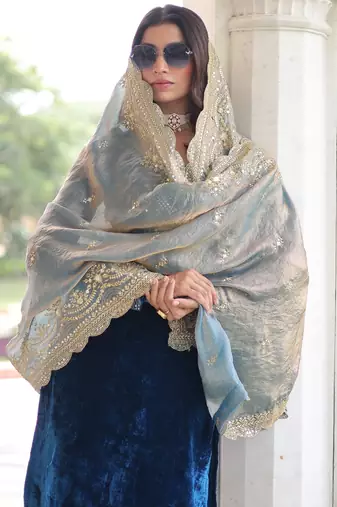 tealvelvet sequins & zari embroidered readymade top pant dupatta set