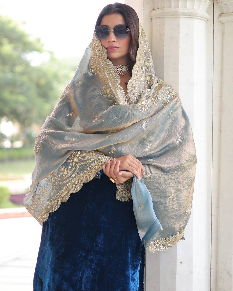 TEAL COLOR Velvet Sequins & Zari Embroidered Readymade Top–Pant–Dupatta Set