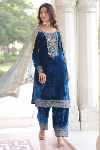 tealvelvet sequins & zari embroidered readymade top pant dupatta set