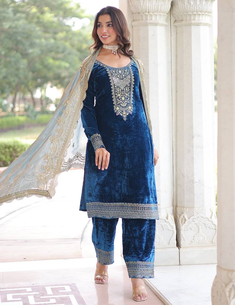 TEAL COLOR Velvet Sequins & Zari Embroidered Readymade Top–Pant–Dupatta Set