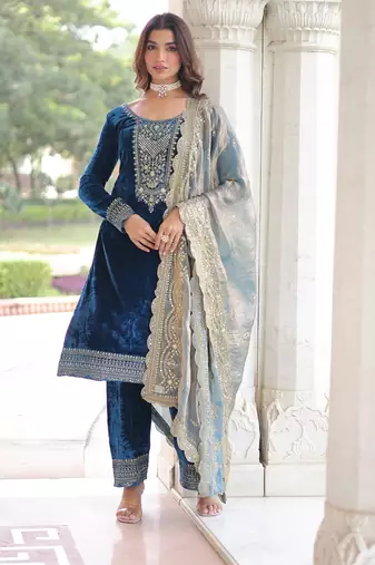 tealvelvet sequins & zari embroidered readymade top pant dupatta set