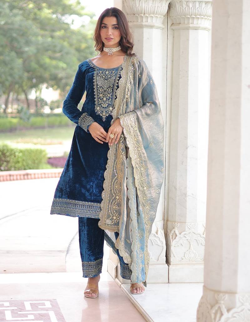 TEAL COLOR Velvet Sequins & Zari Embroidered Readymade Top–Pant–Dupatta Set