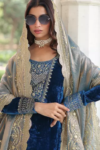 tealvelvet sequins & zari embroidered readymade top pant dupatta set