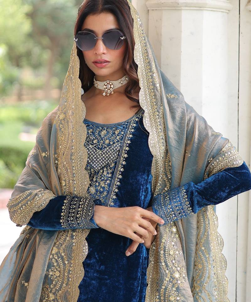 TEAL COLOR Velvet Sequins & Zari Embroidered Readymade Top–Pant–Dupatta Set