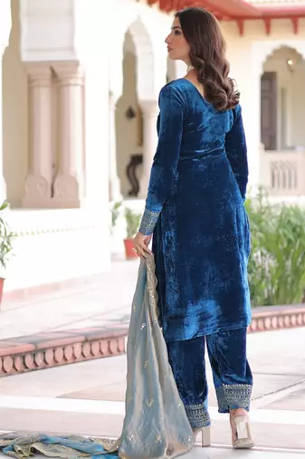 tealvelvet sequins & zari embroidered readymade top pant dupatta set
