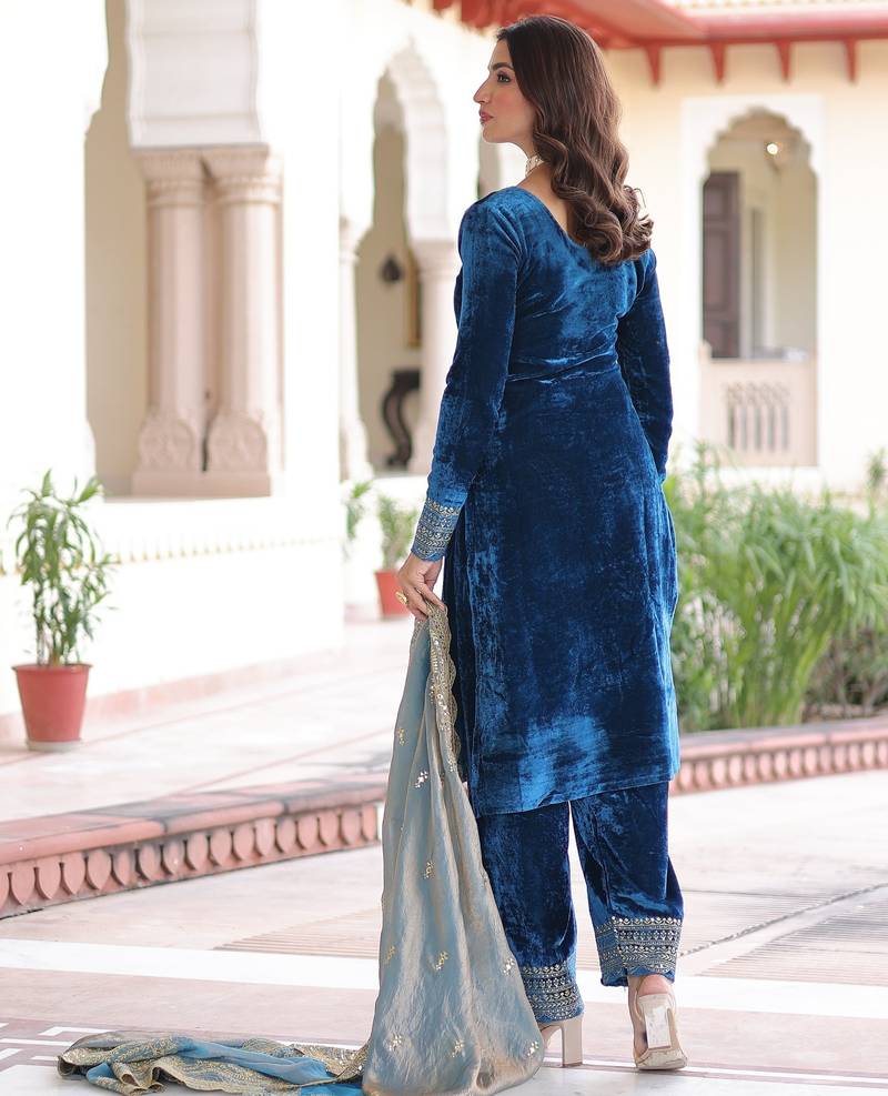 TEAL COLOR Velvet Sequins & Zari Embroidered Readymade Top–Pant–Dupatta Set
