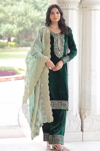 Green Velvet Sequins & Zari Embroidered Readymade Top  Pant  Dupatta Set
