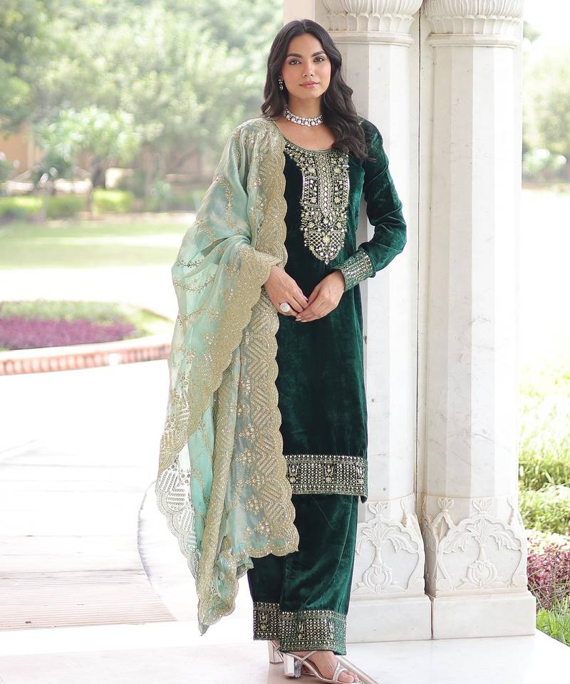 Green Velvet Sequins & Zari Embroidered Readymade Top–Pant–Dupatta Set