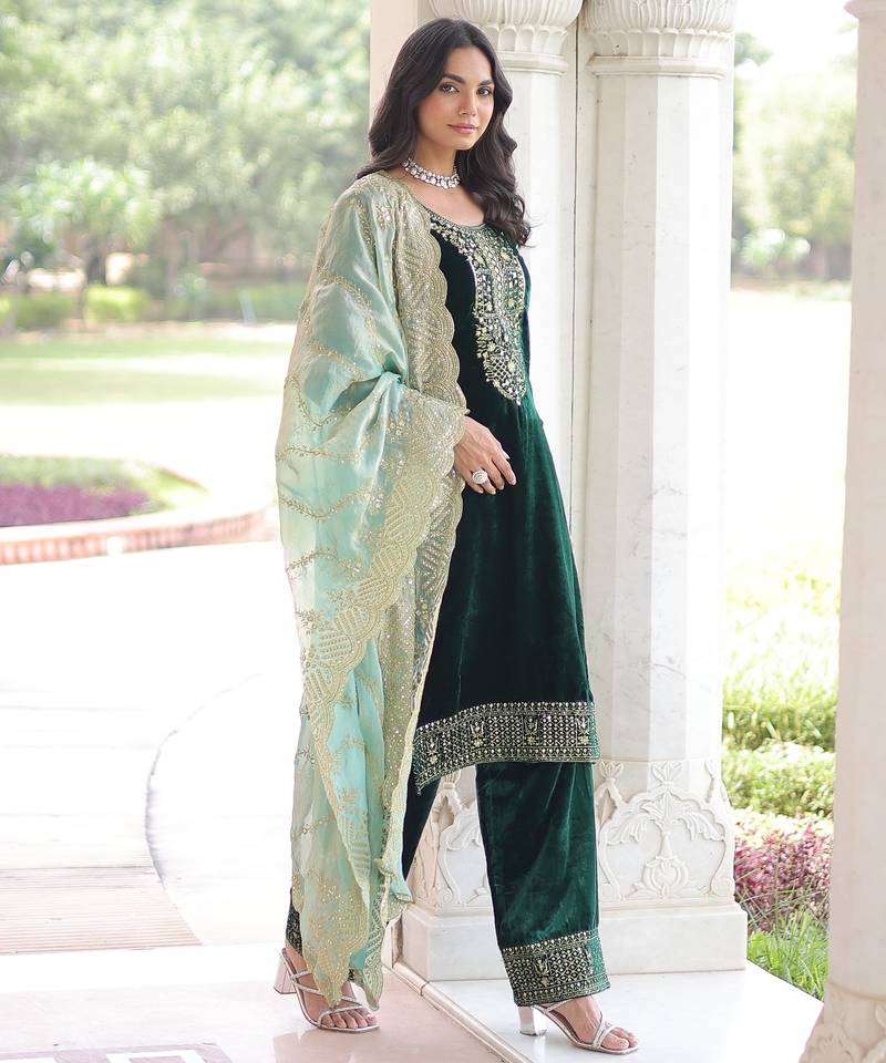 Green Velvet Sequins & Zari Embroidered Readymade Top–Pant–Dupatta Set