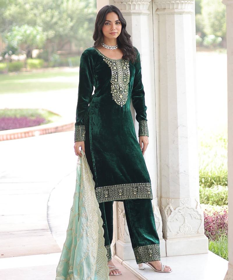 Green Velvet Sequins & Zari Embroidered Readymade Top–Pant–Dupatta Set