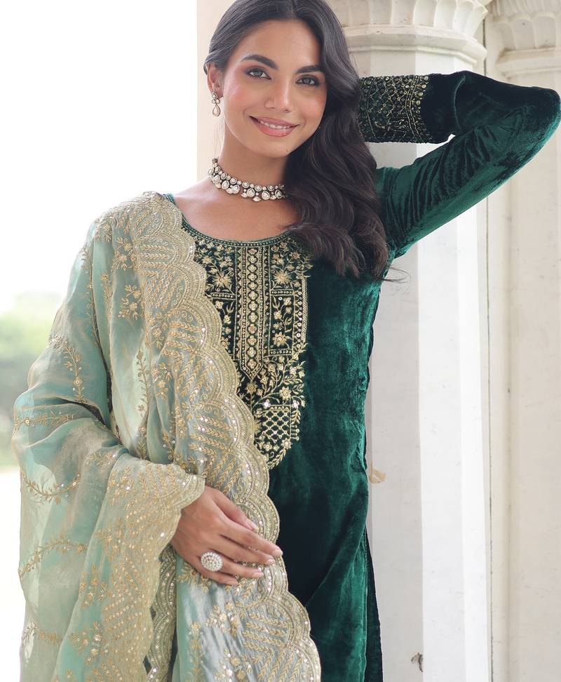 Green Velvet Sequins & Zari Embroidered Readymade Top–Pant–Dupatta Set