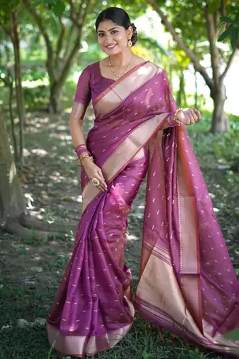 Purple soft silk kalyani saree with small zari butties & broad zari border | traditional zari woven saree with blouse