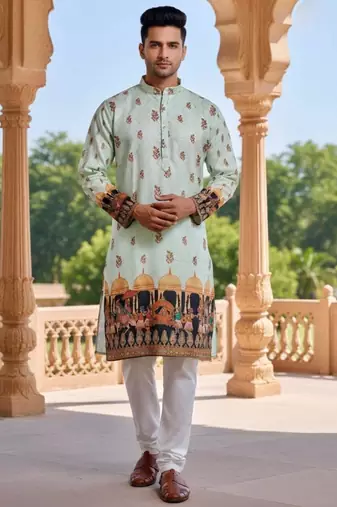 Mint green heavy rayon embroidered kurta with cotton pajama for men