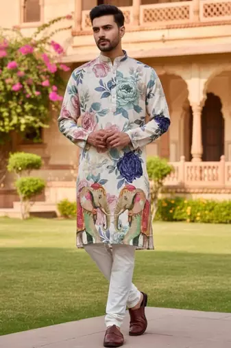 Beige floral heavy rayon embroidered kurta with cotton pajama for men