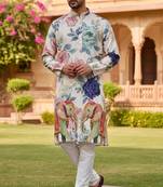 Beige floral heavy rayon embroidered kurta with cotton pajama for men