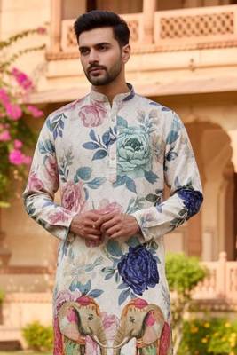Beige floral heavy rayon embroidered kurta with cotton pajama for men 2