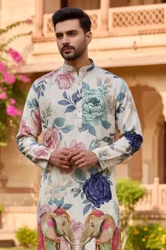 Beige floral heavy rayon embroidered kurta with cotton pajama for men