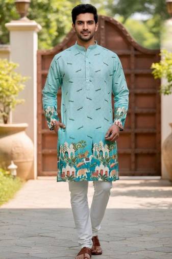 Sky blue heavy rayon embroidered kurta with cotton pajama for men