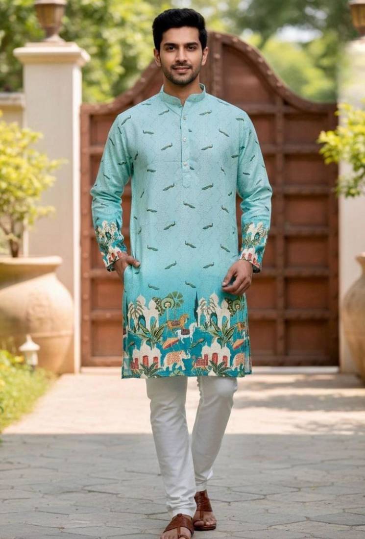 Sky blue heavy rayon embroidered kurta with cotton pajama for men