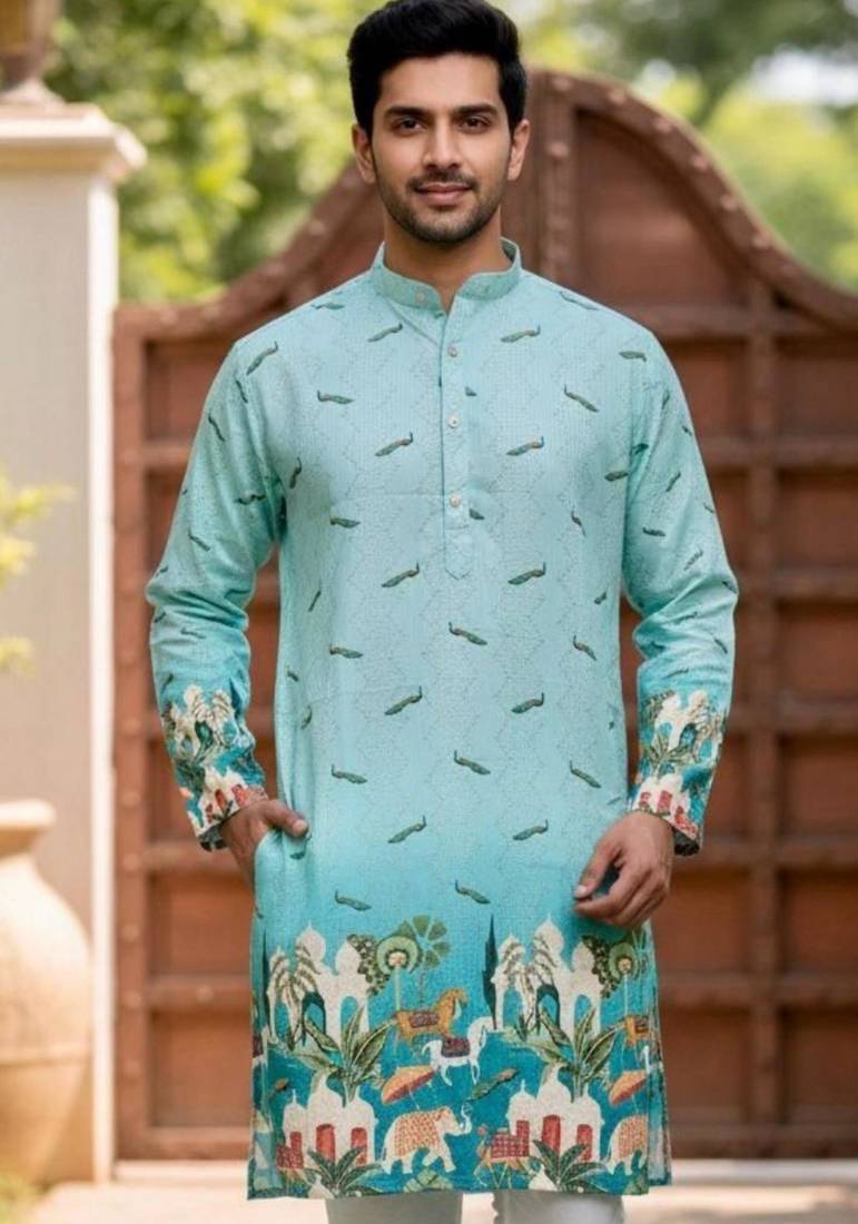 Sky blue heavy rayon embroidered kurta with cotton pajama for men