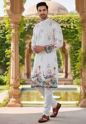 Classic white heavy rayon embroidered kurta with cotton pajama for men 1