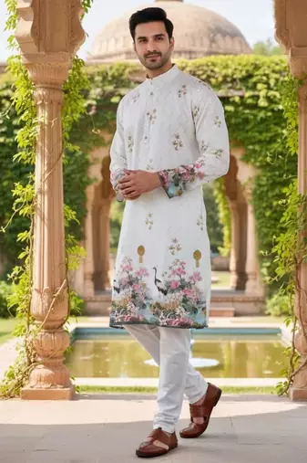 Classic white heavy rayon embroidered kurta with cotton pajama for men