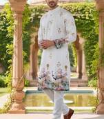 Classic white heavy rayon embroidered kurta with cotton pajama for men