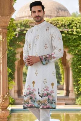 Classic white heavy rayon embroidered kurta with cotton pajama for men 2