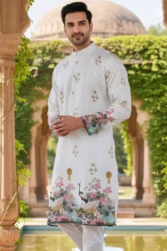 Classic white heavy rayon embroidered kurta with cotton pajama for men