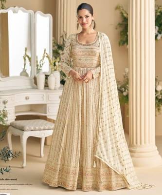 Cream real georgette readymade anarkali gown with embroidery & sequence work - Full stitched free size 1