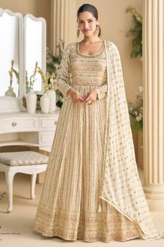 Cream real georgette readymade anarkali gown with embroidery & sequence work - Full stitched free size