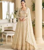 Cream real georgette readymade anarkali gown with embroidery & sequence work - Full stitched free size
