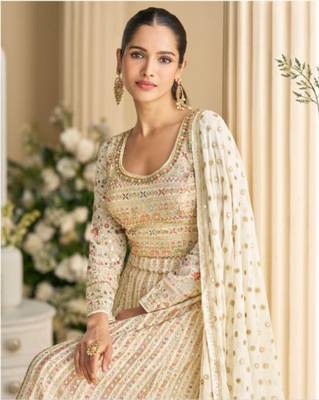 Cream real georgette readymade anarkali gown with embroidery & sequence work - Full stitched free size 2