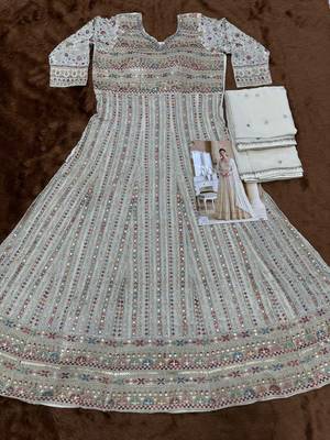 Cream real georgette readymade anarkali gown with embroidery & sequence work - Full stitched free size 3