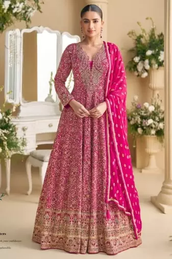 Rani pink real georgette readymade anarkali gown with embroidery & sequence work Full stitched free size