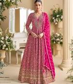 Rani pink real georgette readymade anarkali gown with embroidery & sequence work Full stitched free size
