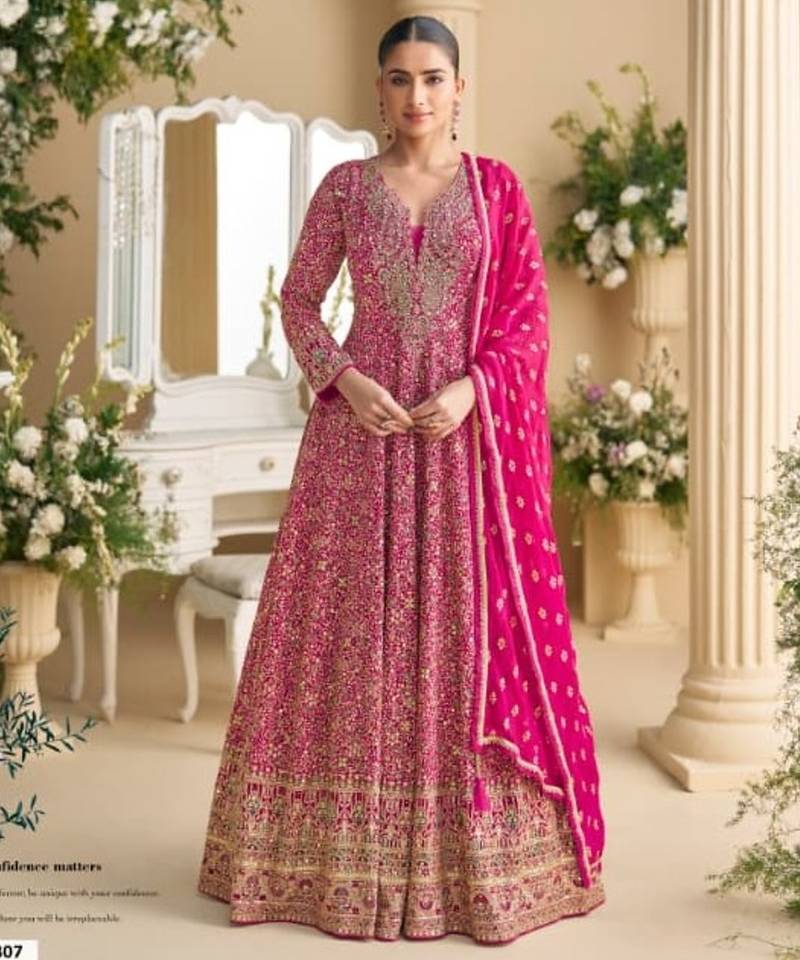 Rani pink real georgette readymade anarkali gown with embroidery & sequence work Full stitched free size