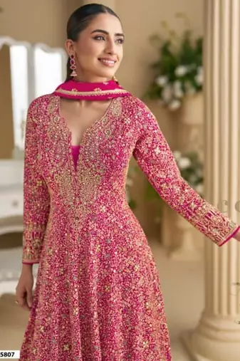 Rani pink real georgette readymade anarkali gown with embroidered sequin Full stitched free size