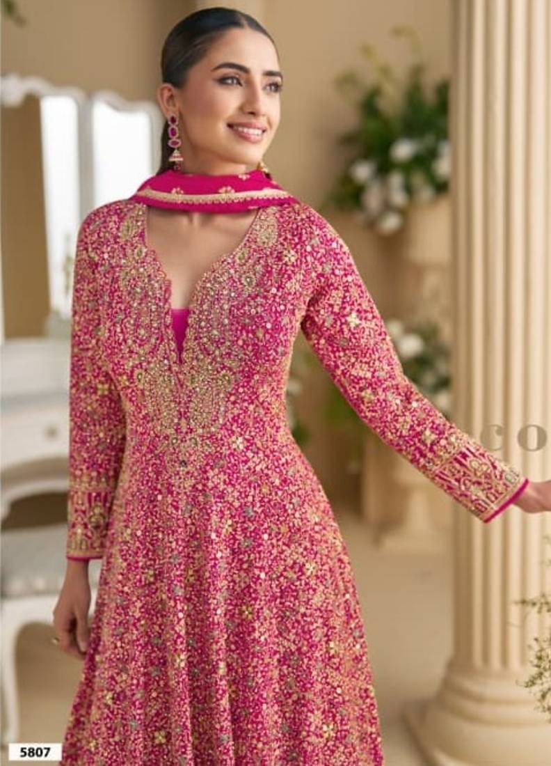 Rani pink real georgette readymade anarkali gown with embroidery & sequence work Full stitched free size