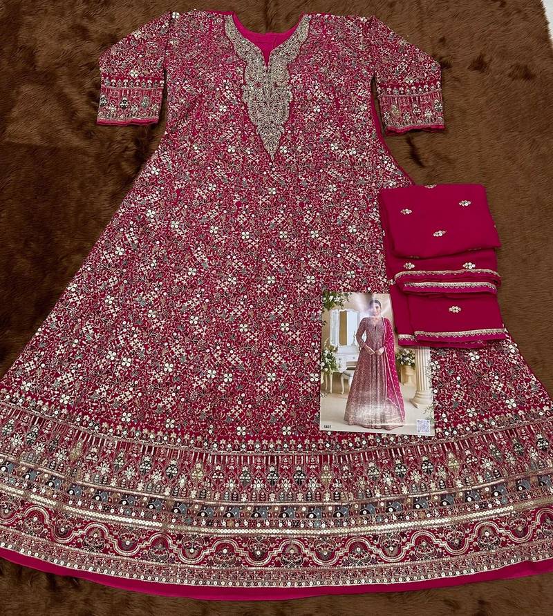 Rani pink real georgette readymade anarkali gown with embroidery & sequence work Full stitched free size