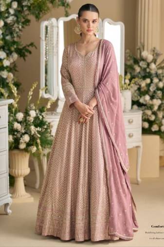 Purple real georgette readymade anarkali gown with embroidery & sequence work - Full stitched free size