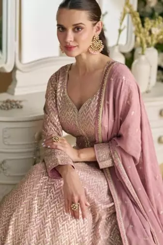 Purple real georgette readymade anarkali gown with embroidered sequin - Full stitched free size