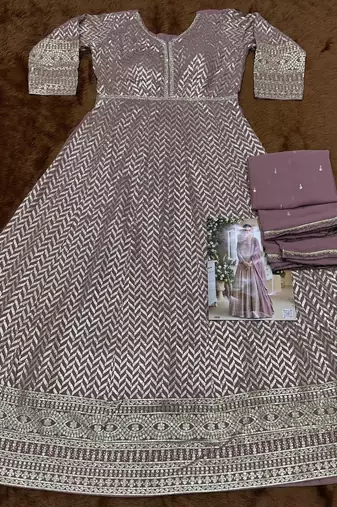 Purple real georgette readymade anarkali gown with embroidered sequin - Full stitched free size