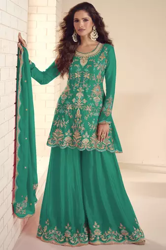 Rama green chinon silk embroidered Palazzo suit
