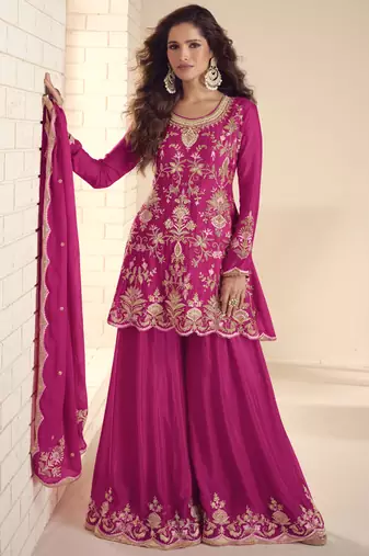 Pink chinon silk embroidered Palazzo suit